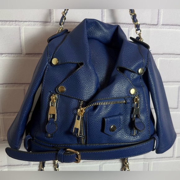 Blue Faux Leather Moto Jacket Style Backpack Purse Gold Chain Convertible Bag main image 4